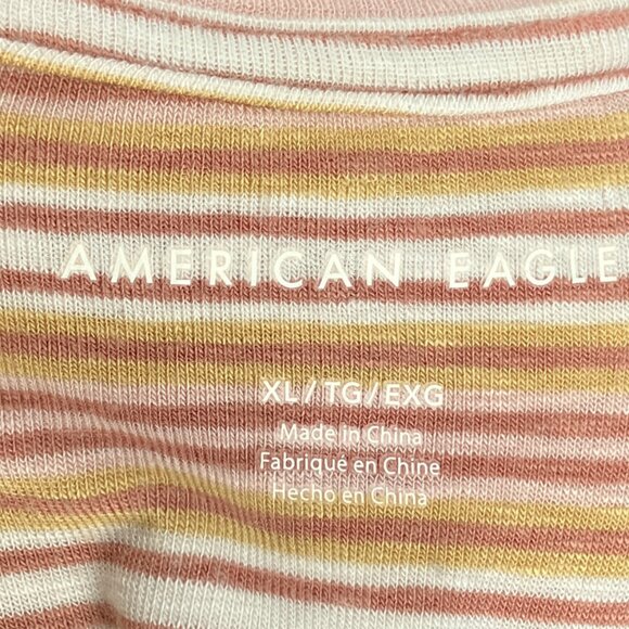 American Eagle XL Brown Stripe Ribbed Knit Crop Crewneck T-Shirt Baby Tee Top - Picture 3 of 4